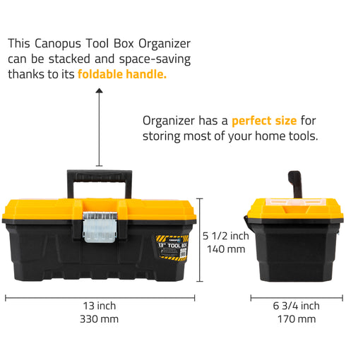 Plastic Toolbox, 13-inch Portable Plastic Tool Box with Metallic Clutch, Small Tool Box Tool Organizer with Extra Storage Tray for Home Tools, Nails and Pins, Black-Yellow